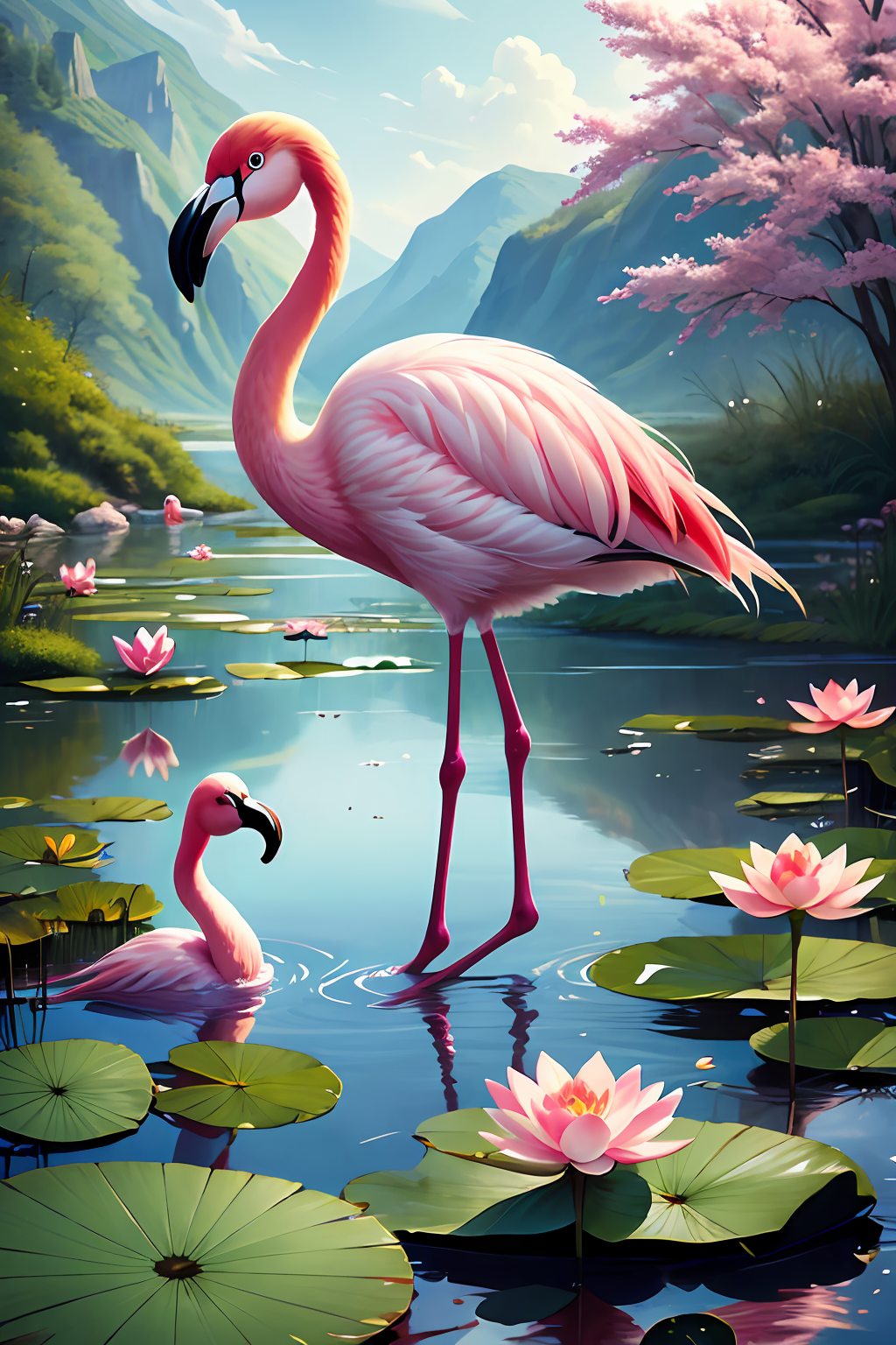 427695-4005177550-_lora_画威可爱动物园zoofun_v1.0_0.85_,masterpiece, high quality,zoofun, bird, flamingo, full body, cute, solo, pond, lotus, standing.png